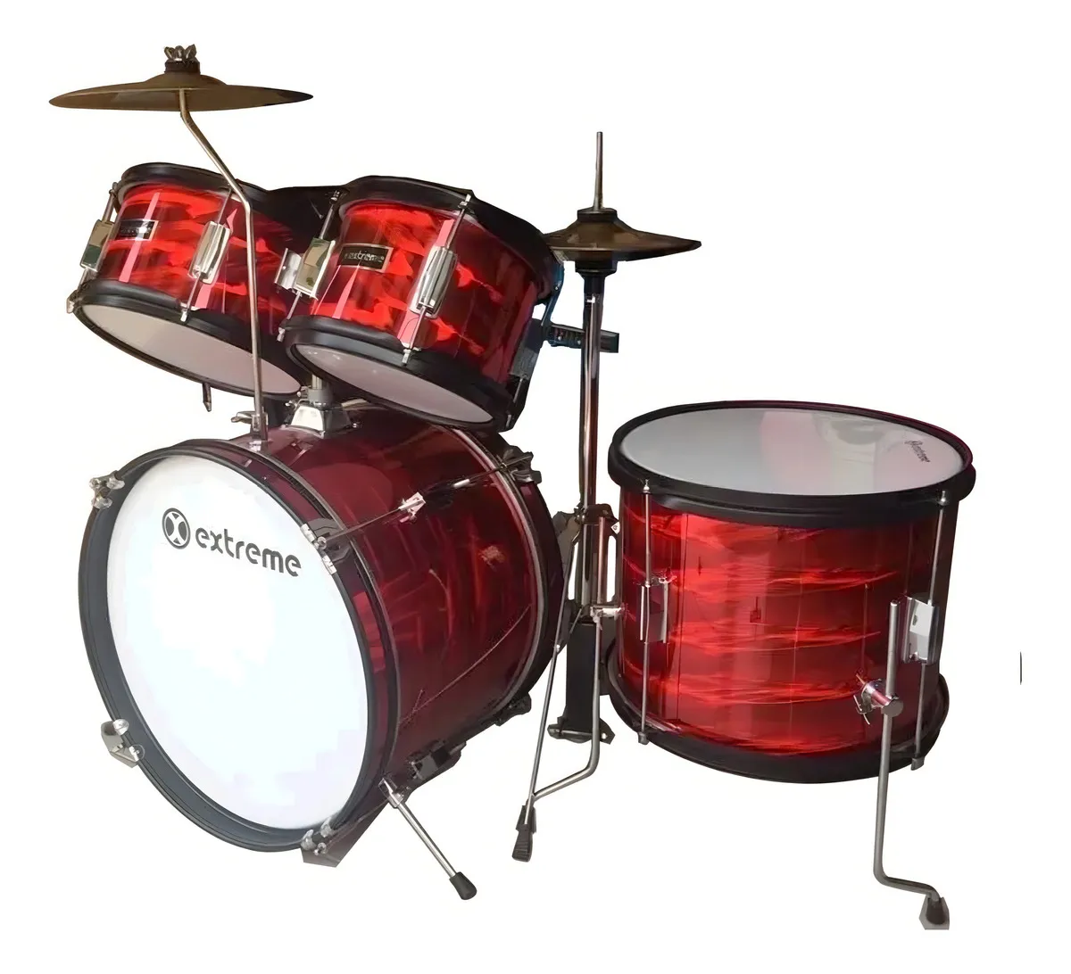 Batería Junior Extreme EXBT049 Roja 3D 5 Piezas con Aros Negros