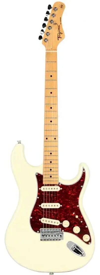 Guitarra Eléctrica Tagima Tipo Stratocaster, Color Blanco Olímpico con Mica Vino, Cuerpo de Tilo Americano, Cabeza y Brazo Maple Barnizado, con 3 Pastillas Single Coils USA TG-530-OWH-LF-TT